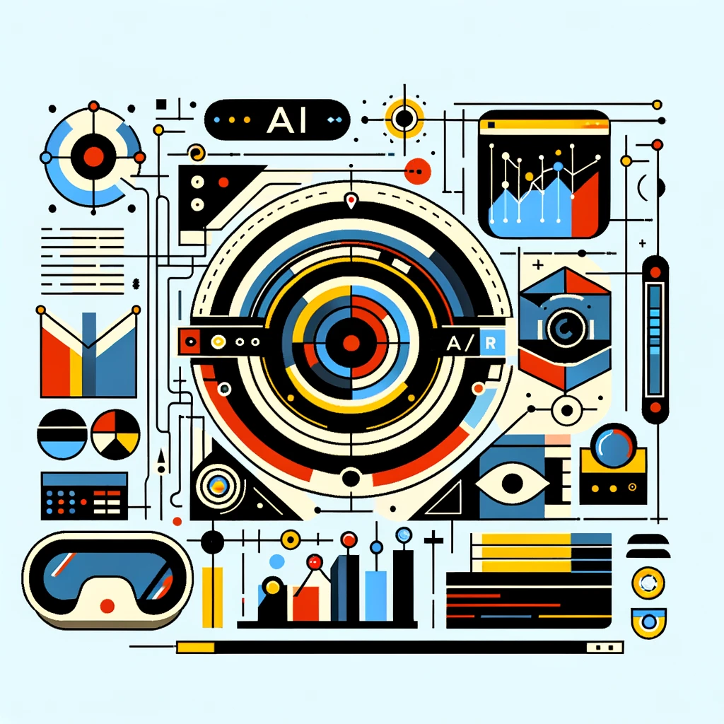 DALL·E 2024 05 24 13.25.24 Generate an image depicting the future of AI in marketing in Bauhaus style. Include elements such as AR VR glasses connected devices and data graphs no Hello Mídia